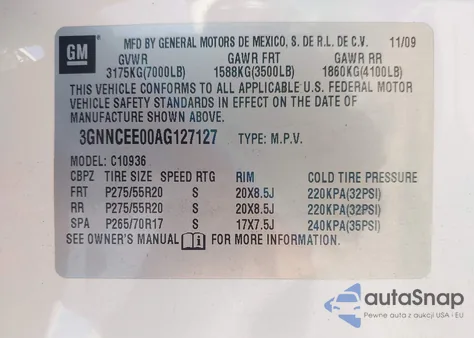 2010 Chevrolet Avalanche 1500 Ls from USA, damaged, VIN 3GNNCEE00AG127127